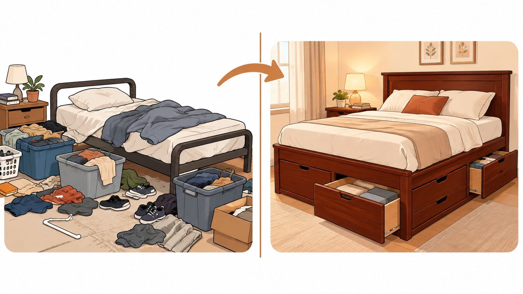 A split image showing a messy bedroom before and an organized bedroom with storage after decluttering.