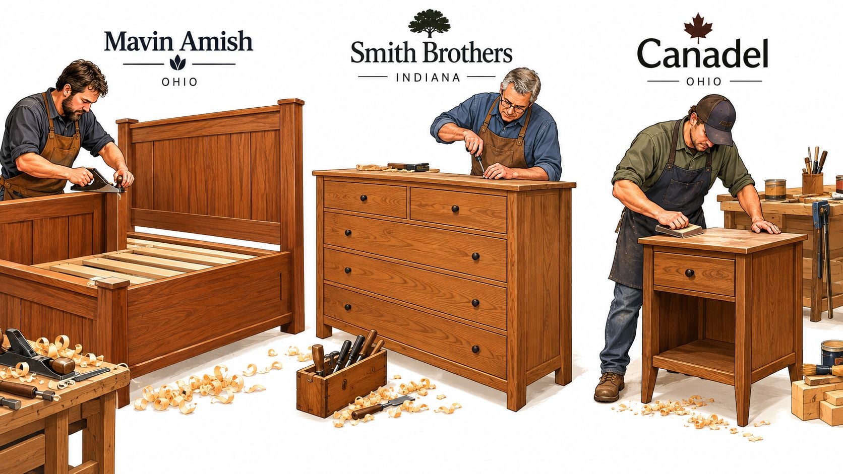 Three craftsmen woodworking in a studio, building a solid wood bed, dresser, and nightstand with hand tools.