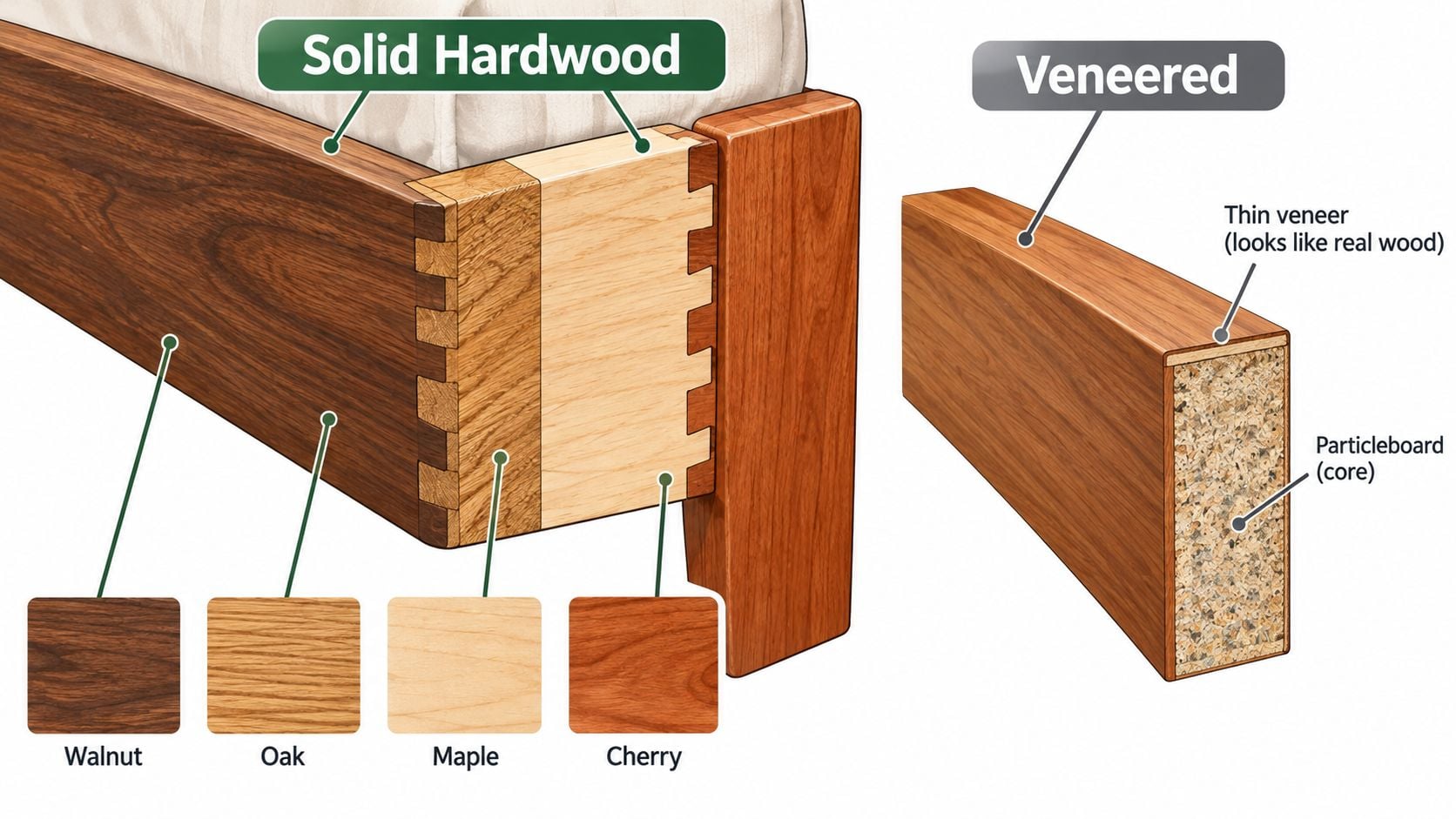 A diagram comparing solid hardwood joinery with finger joints against veneered particleboard construction for furniture manufacturing.