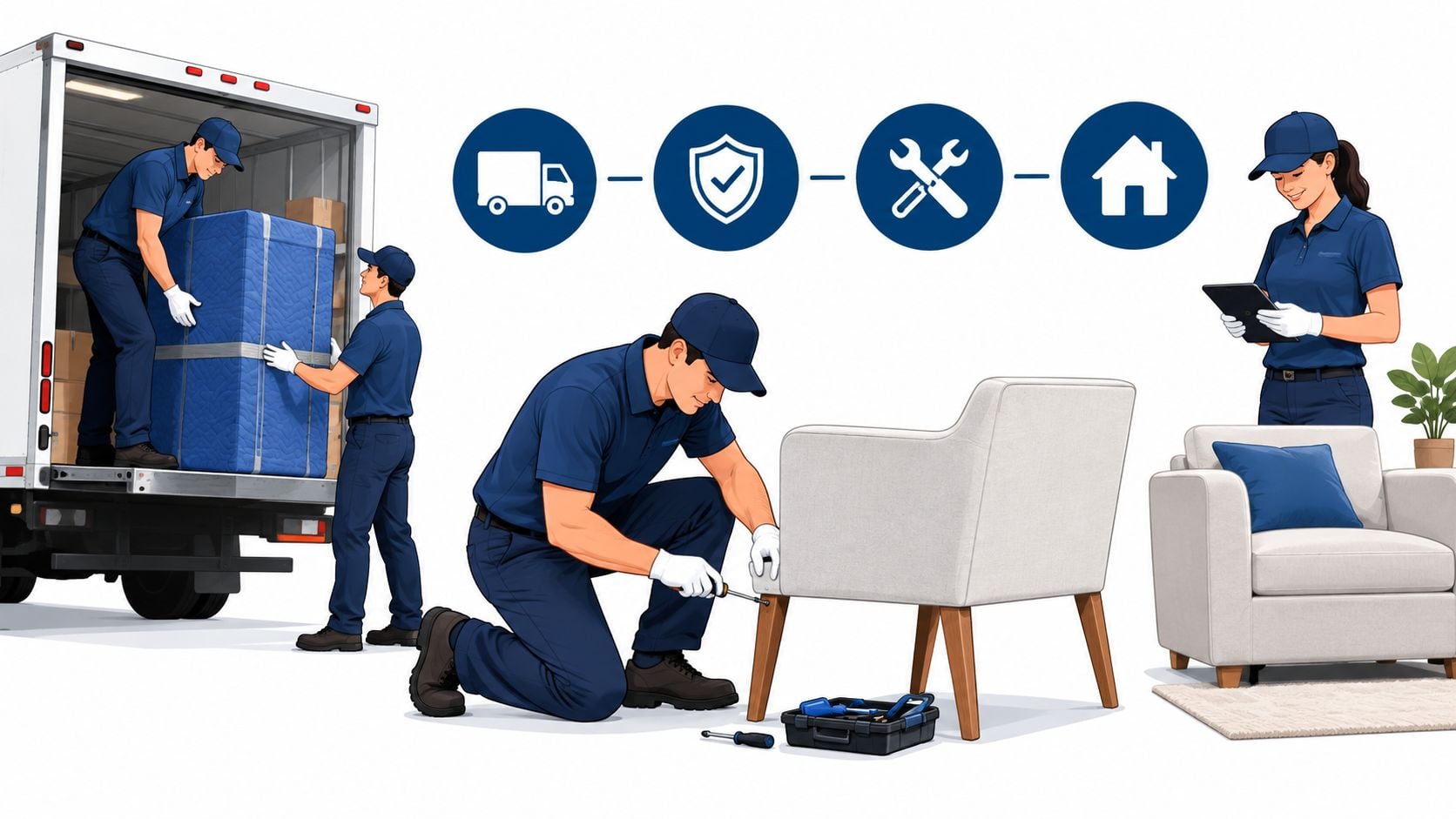 Professional moving team providing white glove delivery and furniture assembly services for residential customers.