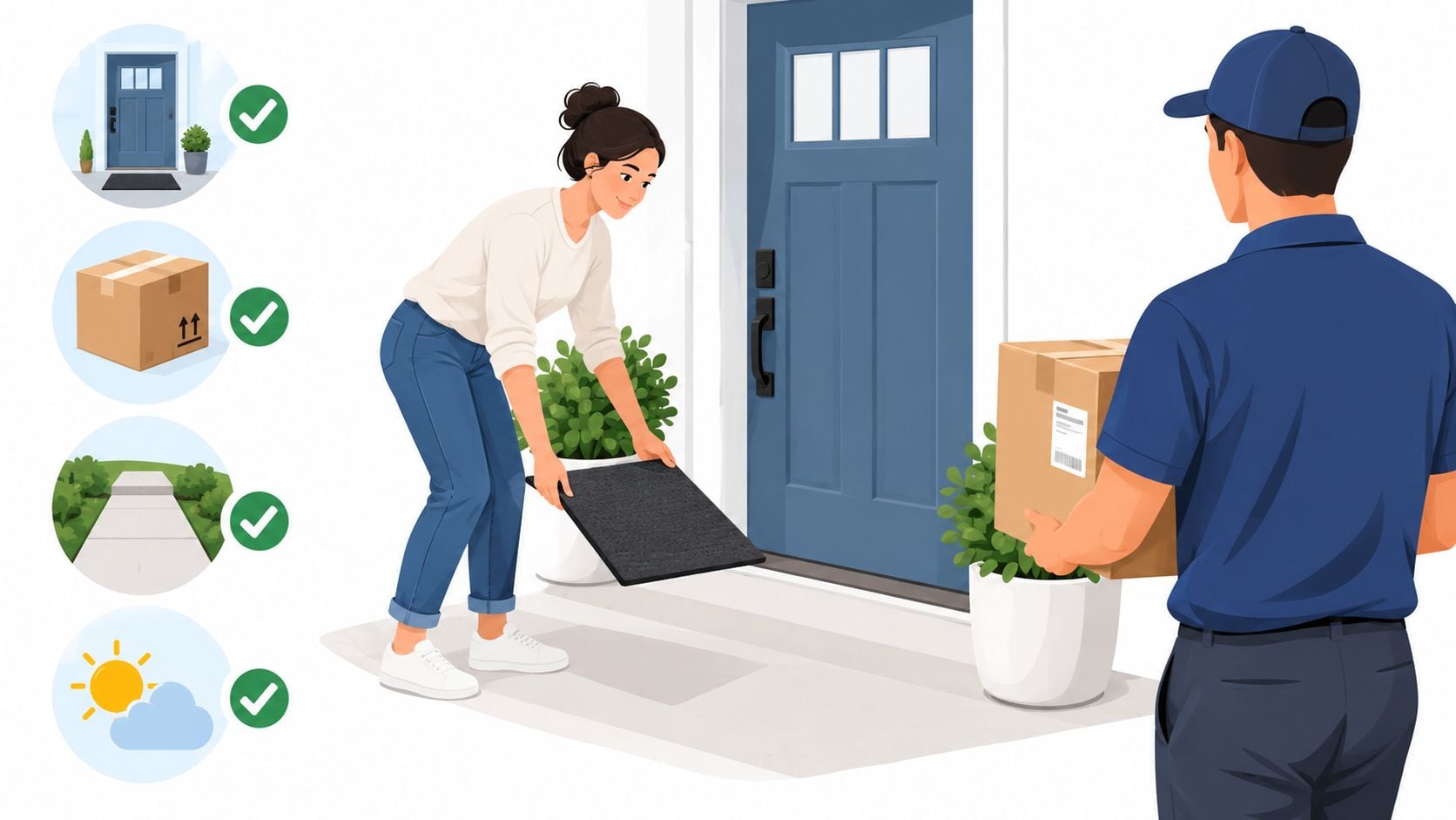 A delivery driver hands a package to a woman at her front door while she prepares the entryway.