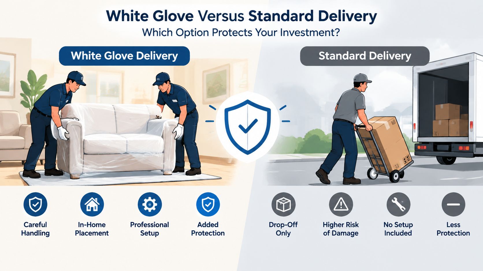 A comparison graphic between white glove delivery services and standard delivery methods for furniture.