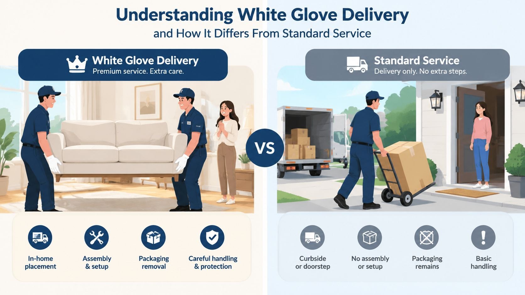 A comparative infographic showing white glove delivery service features versus standard doorstep shipping and handling options.