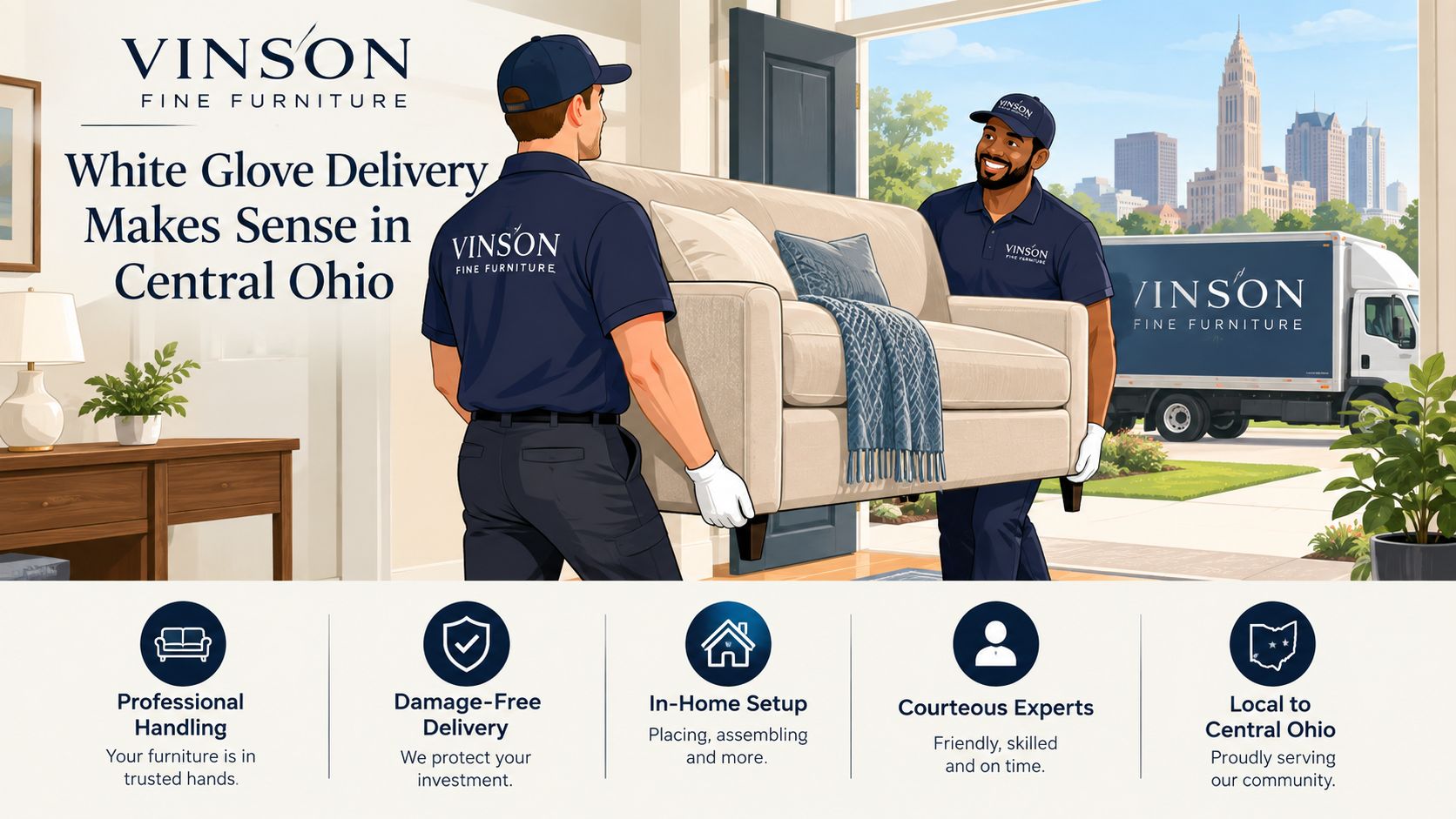 Two Vinson Fine Furniture employees wearing gloves carry a couch into a home for delivery.