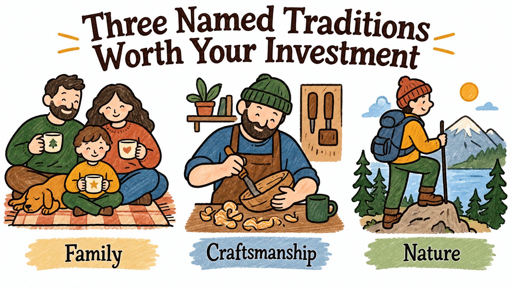 A warm illustration depicting three traditions: family time, craftsmanship with woodworking, and enjoying nature through hiking.