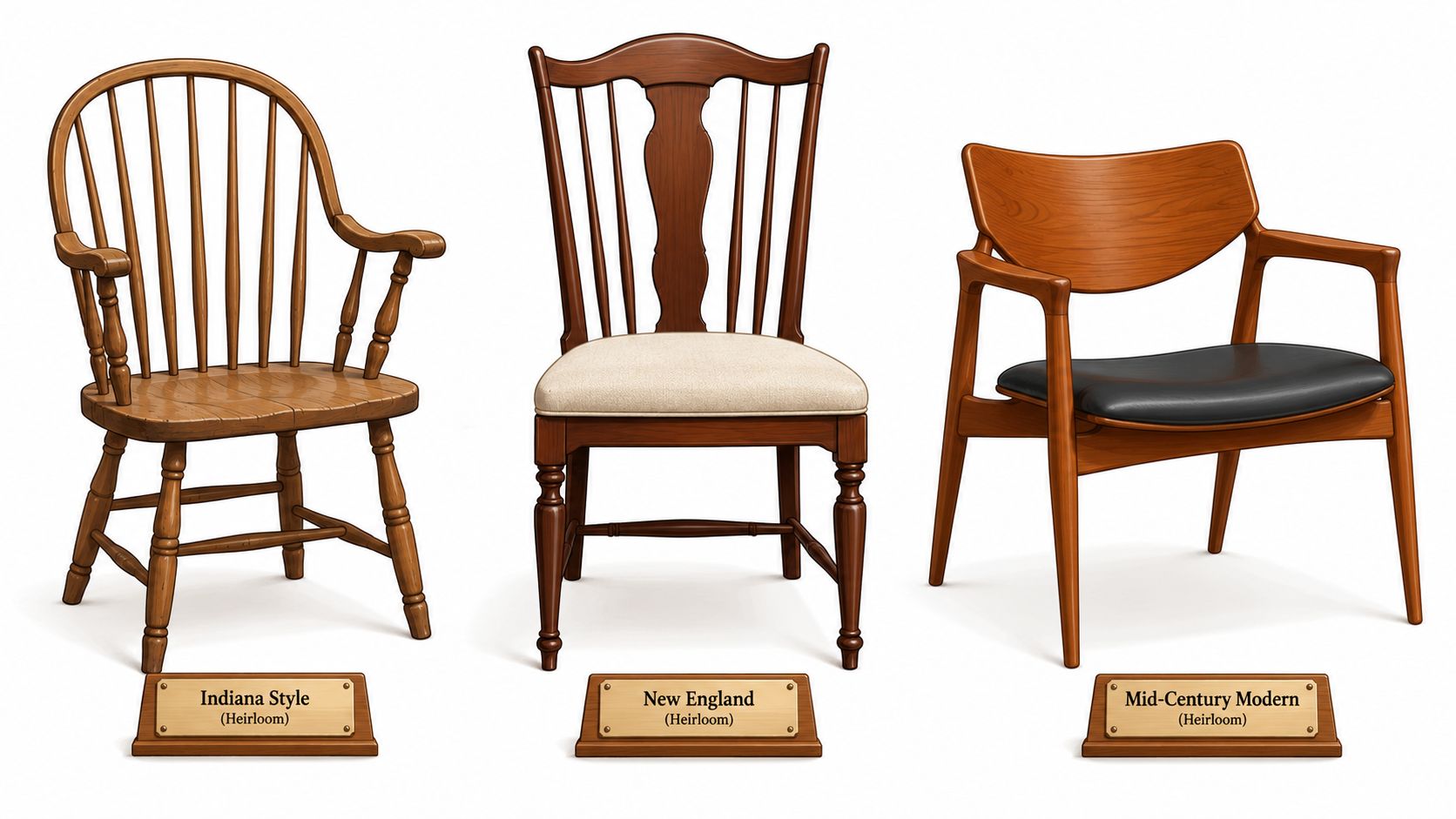 Three different wooden chairs titled Indiana Style, New England, and Mid-Century Modern displayed on white background.
