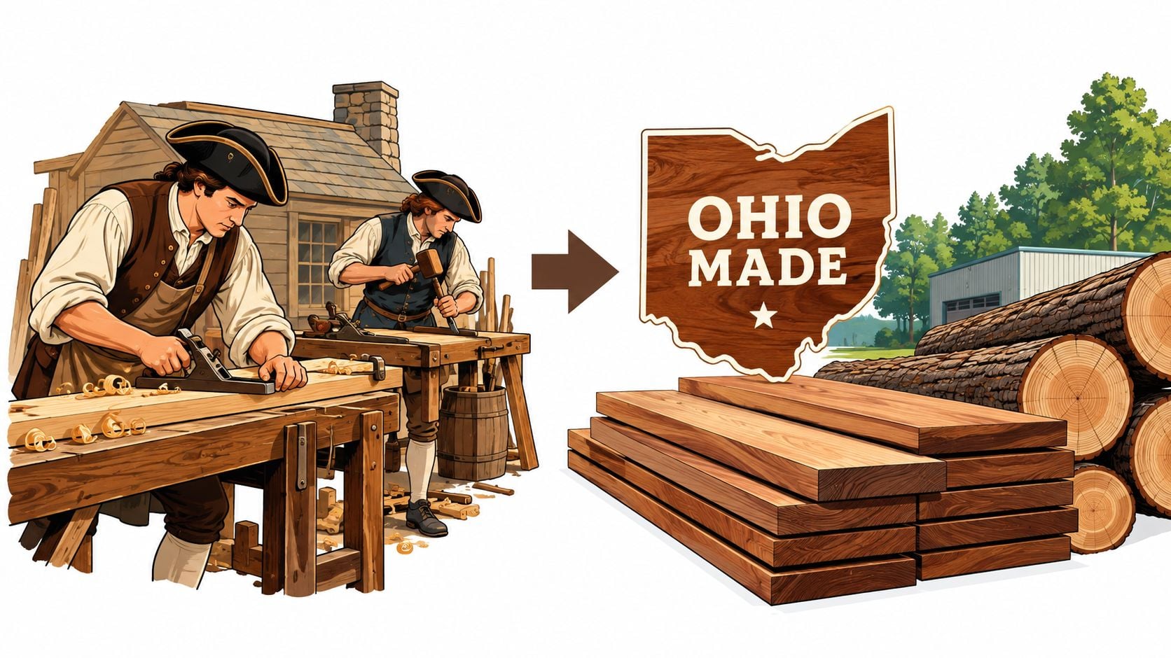Two colonial-era woodworkers crafting furniture alongside a stack of Ohio-made wooden planks and raw lumber.