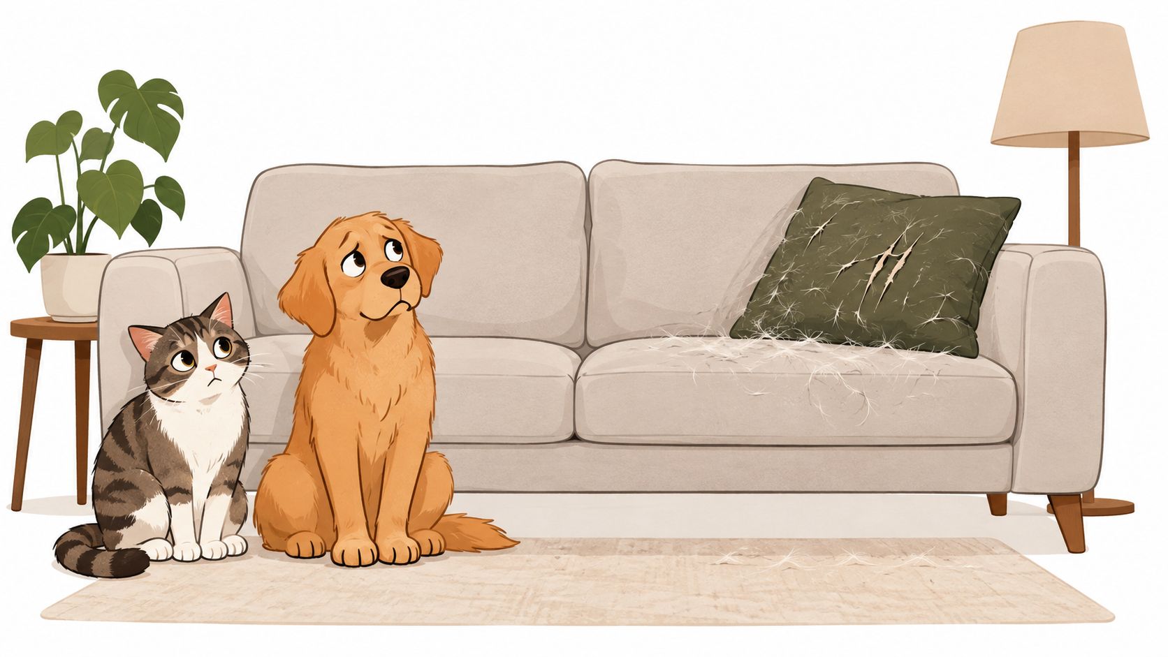 A guilty-looking dog and cat sitting in front of a sofa with a damaged, ripped pillow cushion.