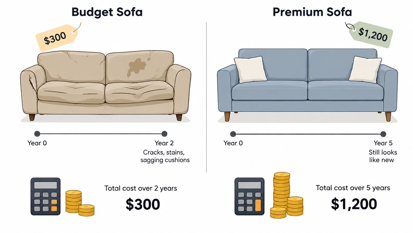 A comparison graphic showing the cost and durability difference between a $300 budget sofa and a $1,200 premium sofa.
