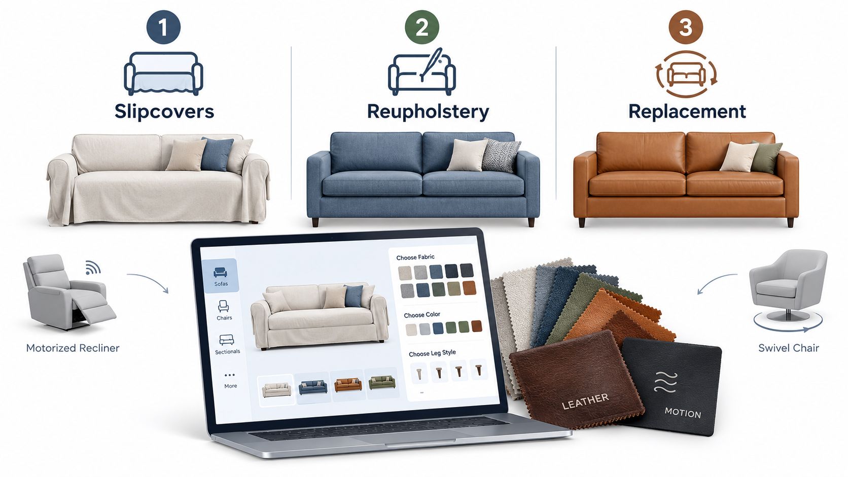A digital interface showing options for choosing sofa fabrics, colors, and leg styles for home furniture customization.