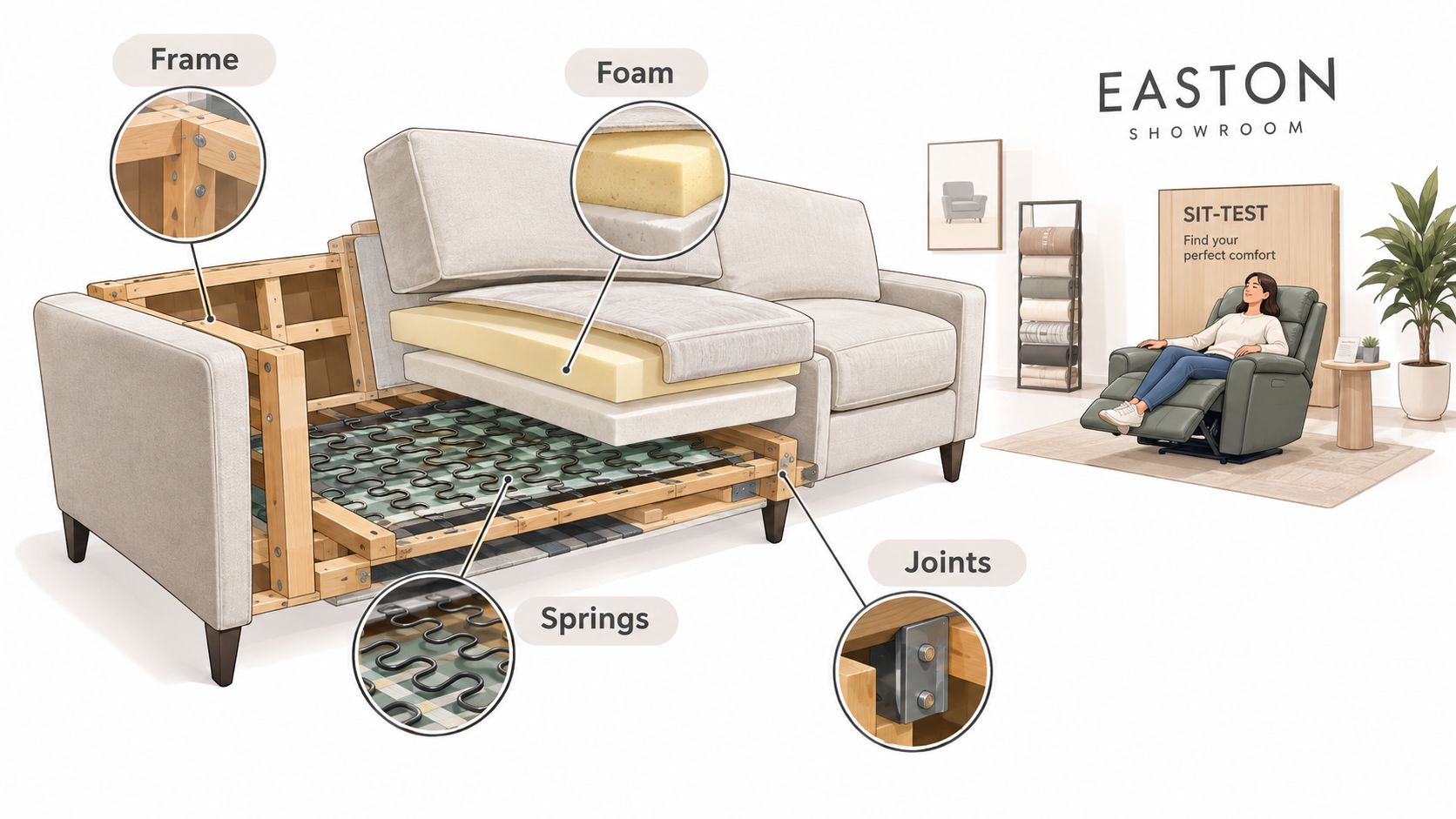 A cross-section illustration showing the internal structure of a sofa, highlighting its frame, foam, springs, and joints.
