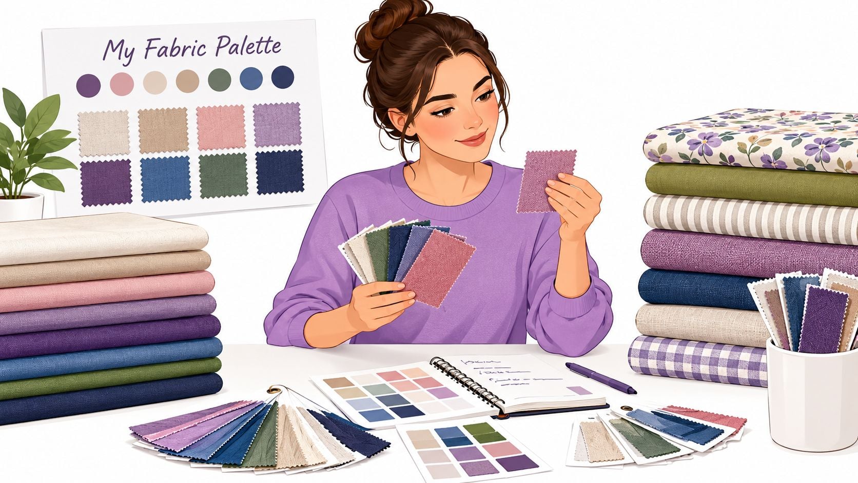 A woman designing interior décor by organizing a coordinating fabric collection with color swatches and textile samples.