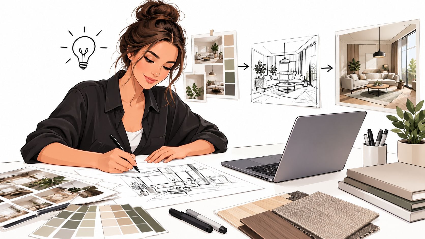 A professional interior designer sketching a modern living room floor plan at her organized desk workspace.