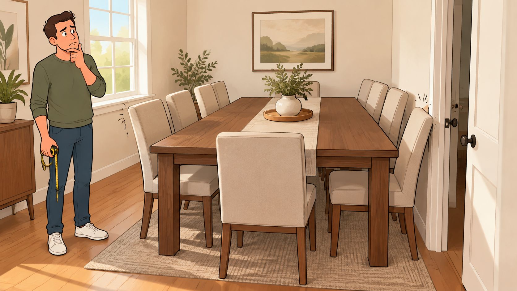 A man holding a measuring tape stands in a dining room, contemplating a large wooden dining set.
