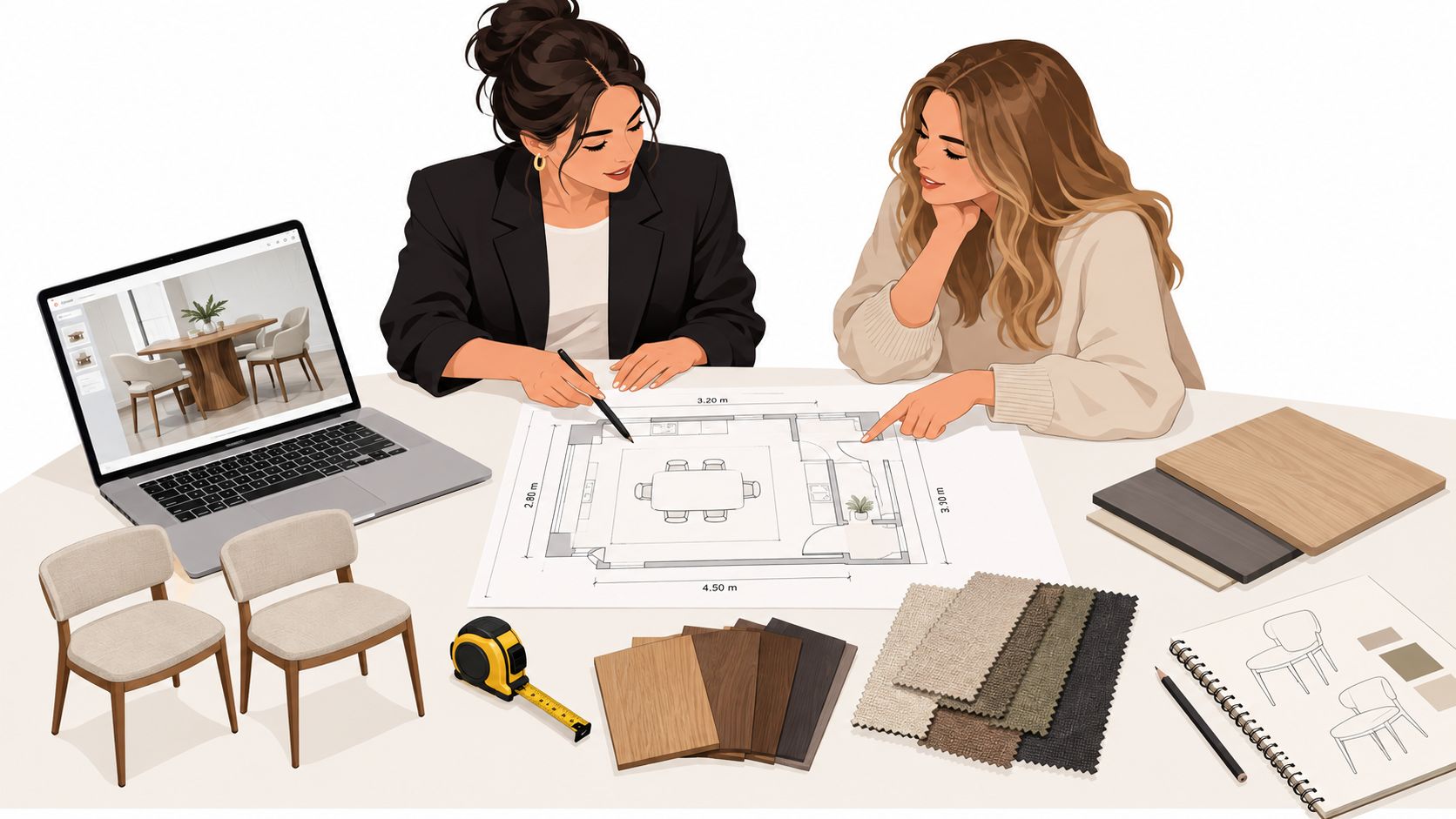 Two professional interior designers collaborating on custom dining room layouts with blueprints, fabric samples, and design tools.