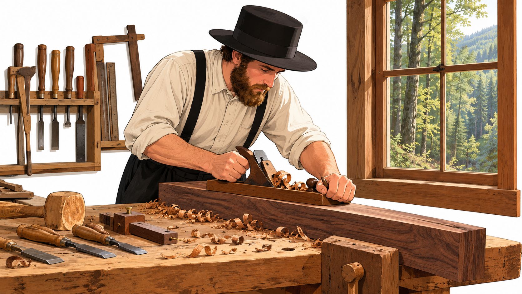 A skilled Amish woodworker wearing a traditional hat meticulously uses a hand plane on a wooden board.