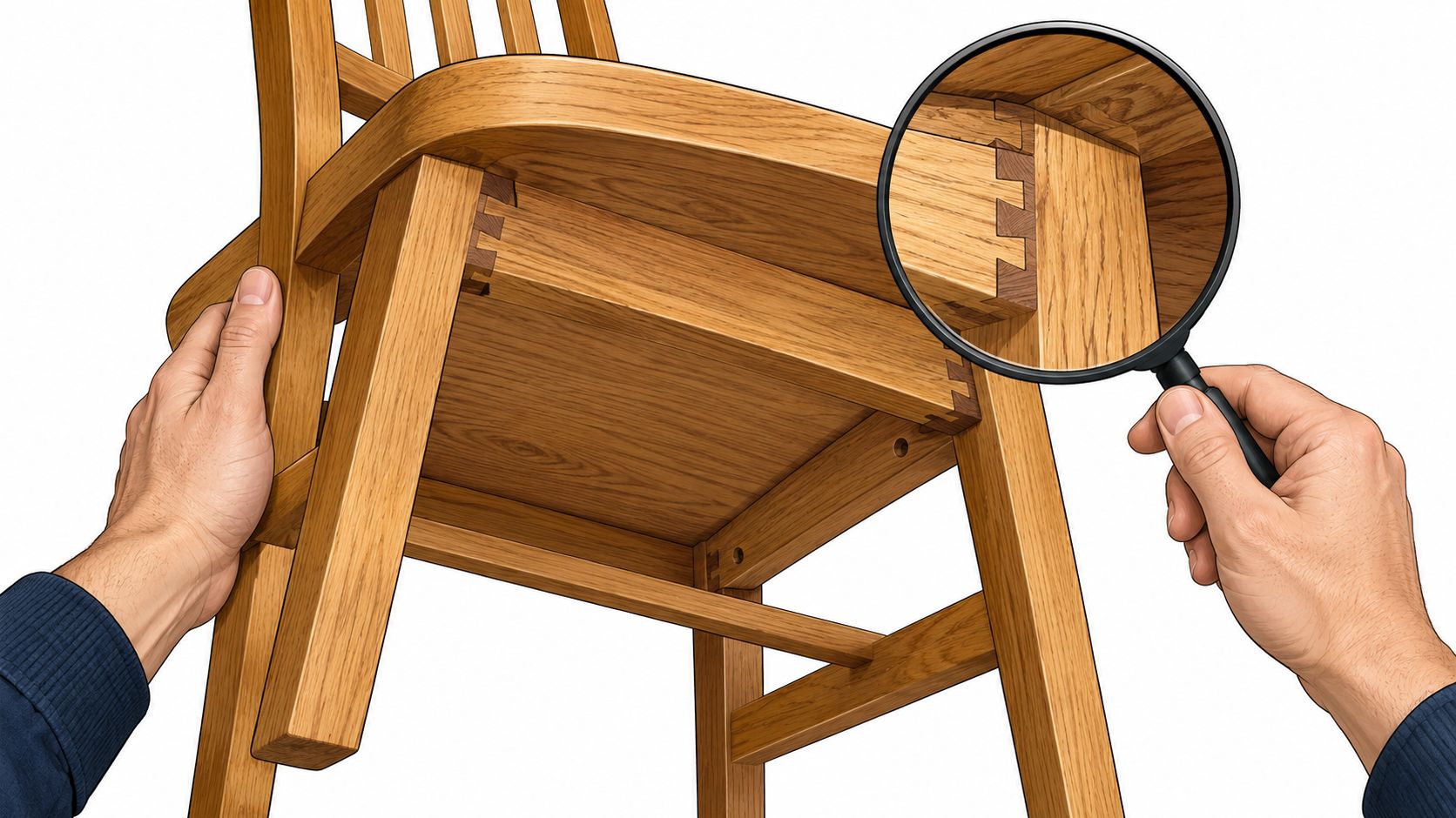 A close-up view of wooden chair craftsmanship showing detailed dovetail joinery being inspected with a magnifying glass.
