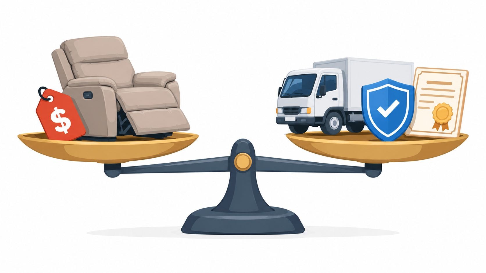 A conceptual illustration of a scale balancing furniture costs against shipping services and insurance protection.