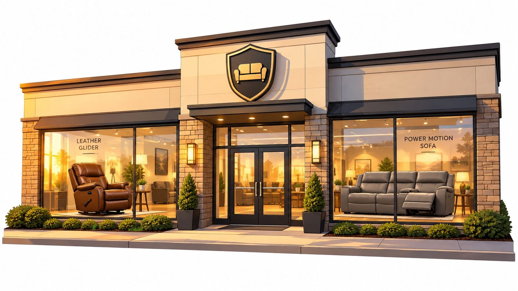 A modern furniture store storefront featuring leather recliners and a power motion sofa displayed through glass windows.