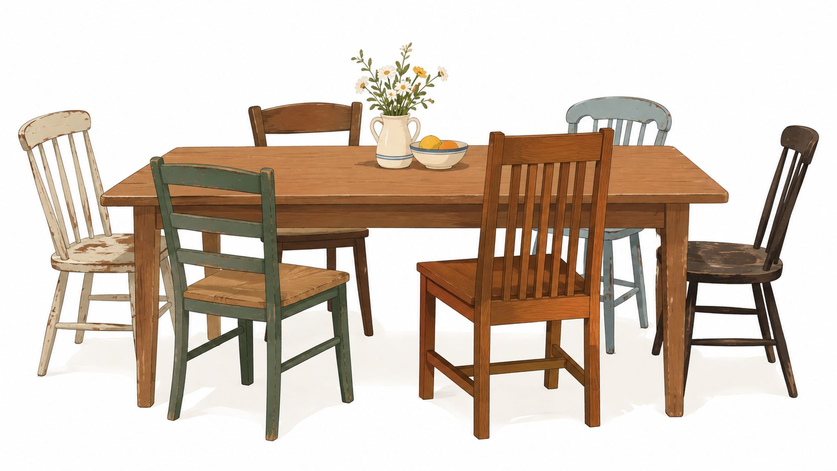 A rustic wooden dining table surrounded by five unique vintage-style chairs of various colors and designs.