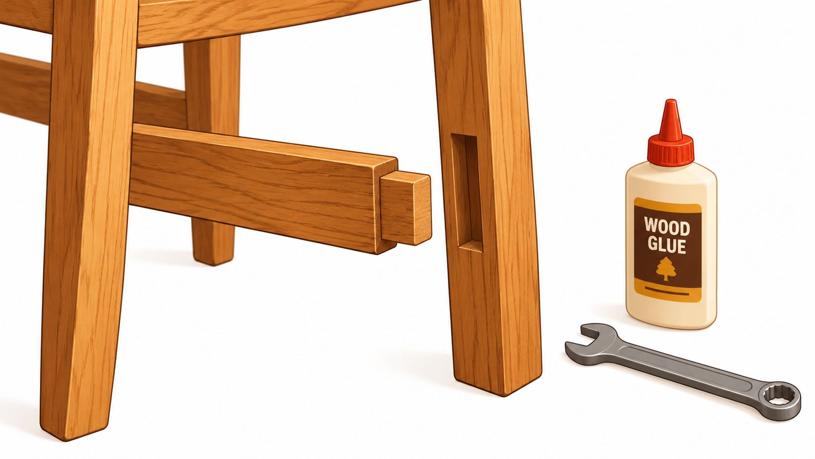 A wooden chair leg joint with wood glue and a wrench sitting on a white background.