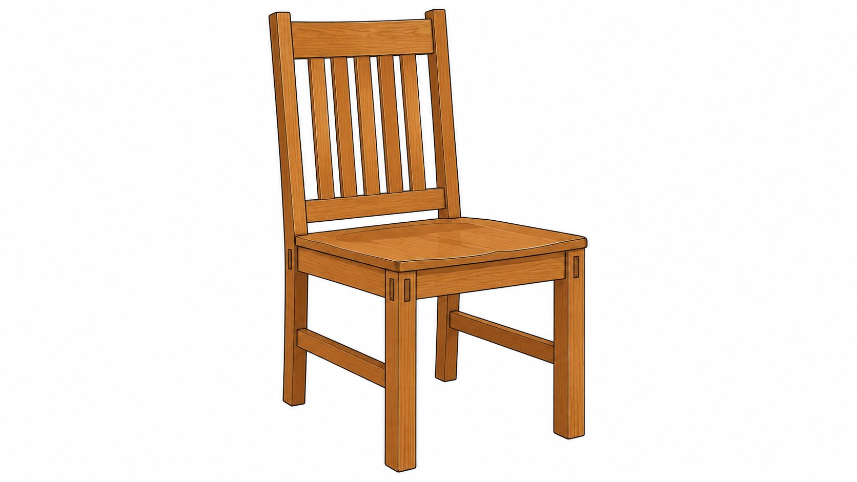 A classic wooden mission style dining chair with vertical slats, rendered in a clean illustration style.