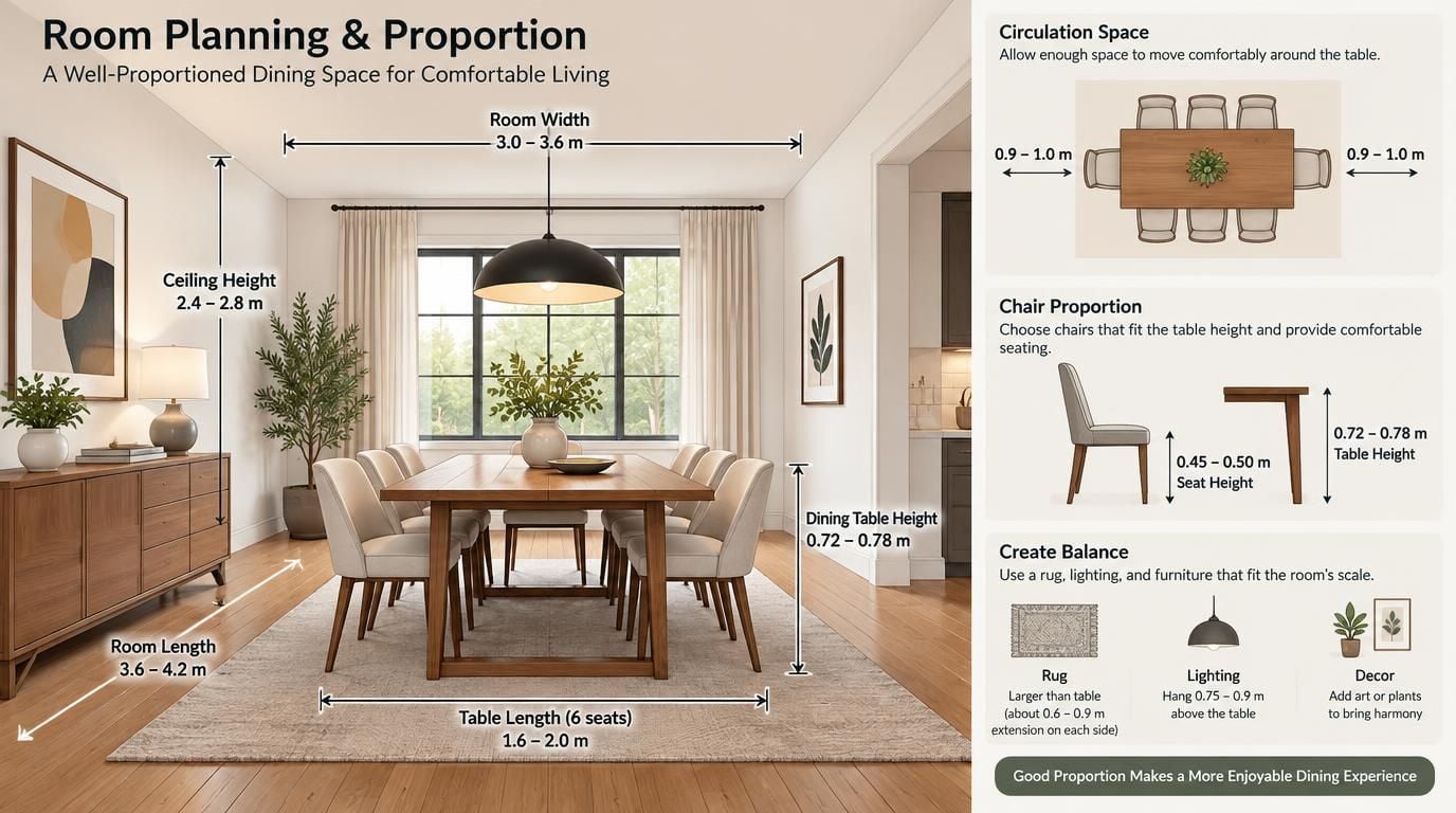 An infographic illustrating standard room planning and furniture proportion guidelines for a comfortable dining space.
