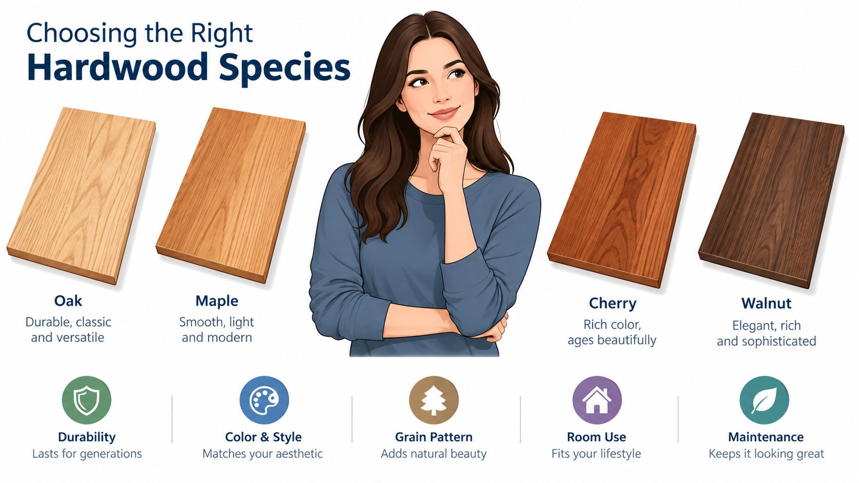 An infographic showing four common hardwood species with descriptive text for home flooring or furniture selection.