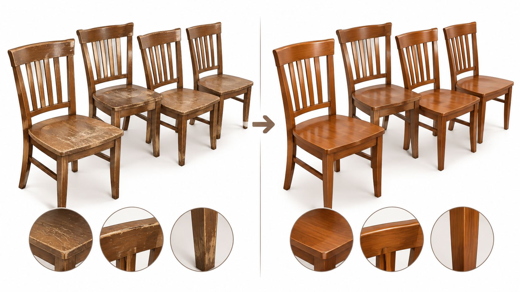 A split image showing a set of four old wooden dining chairs compared to restored polished versions.