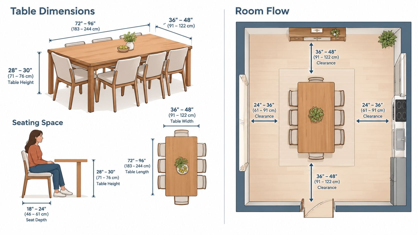 An instructional guide illustrating standard dining table dimensions, seating space requirements, and recommended room clearance measurements.