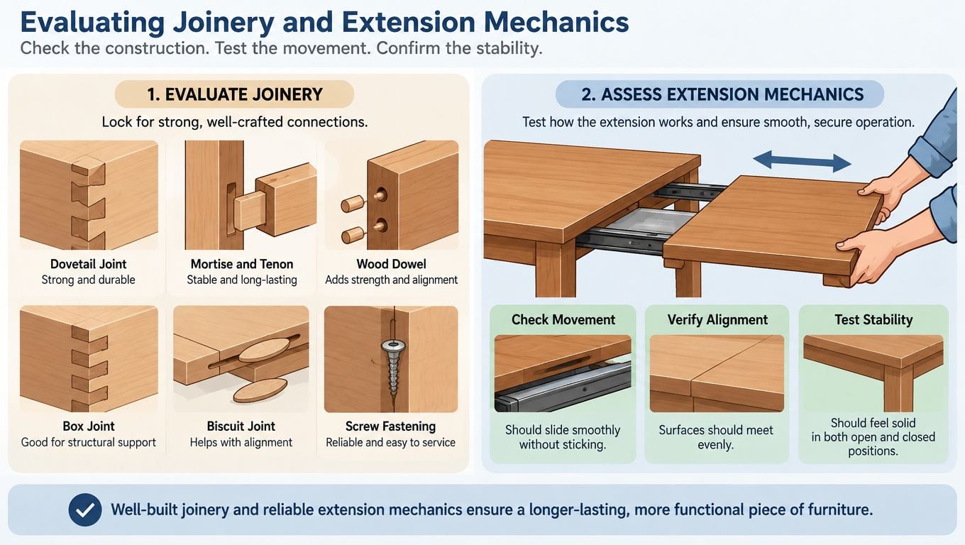 An infographic showing types of wood joinery and how to test extendable dining table mechanics.