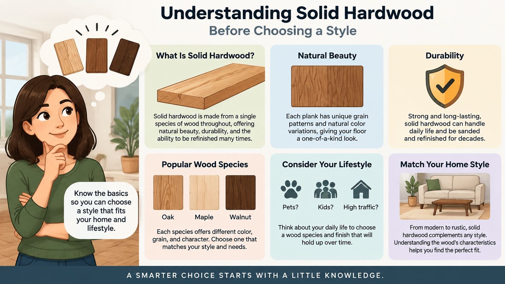A helpful infographic explaining the definition, benefits, and considerations for choosing solid hardwood flooring and decor.