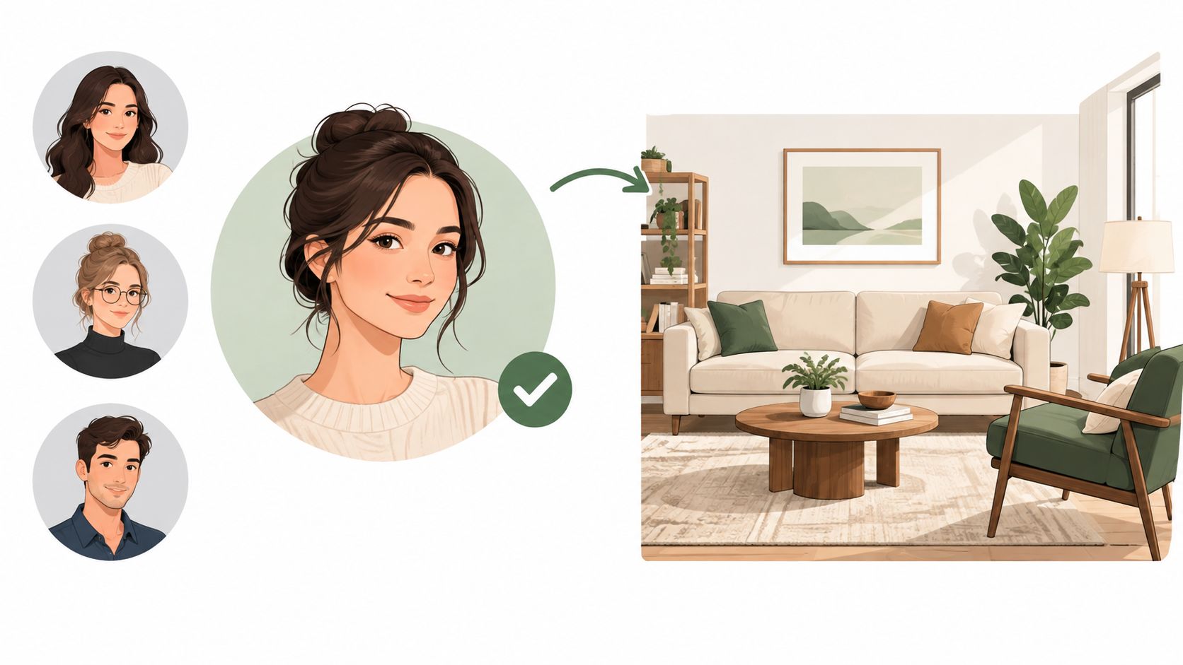 A digital illustration showing profile avatars alongside a modern living room interior design concept.