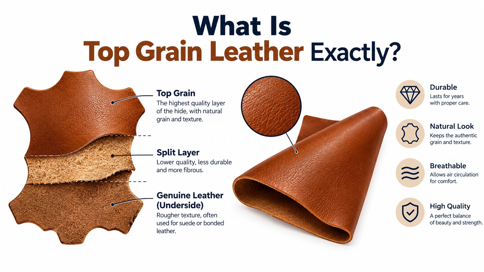 An educational infographic explaining the layers of hide and key features of top grain leather upholstery fabric.