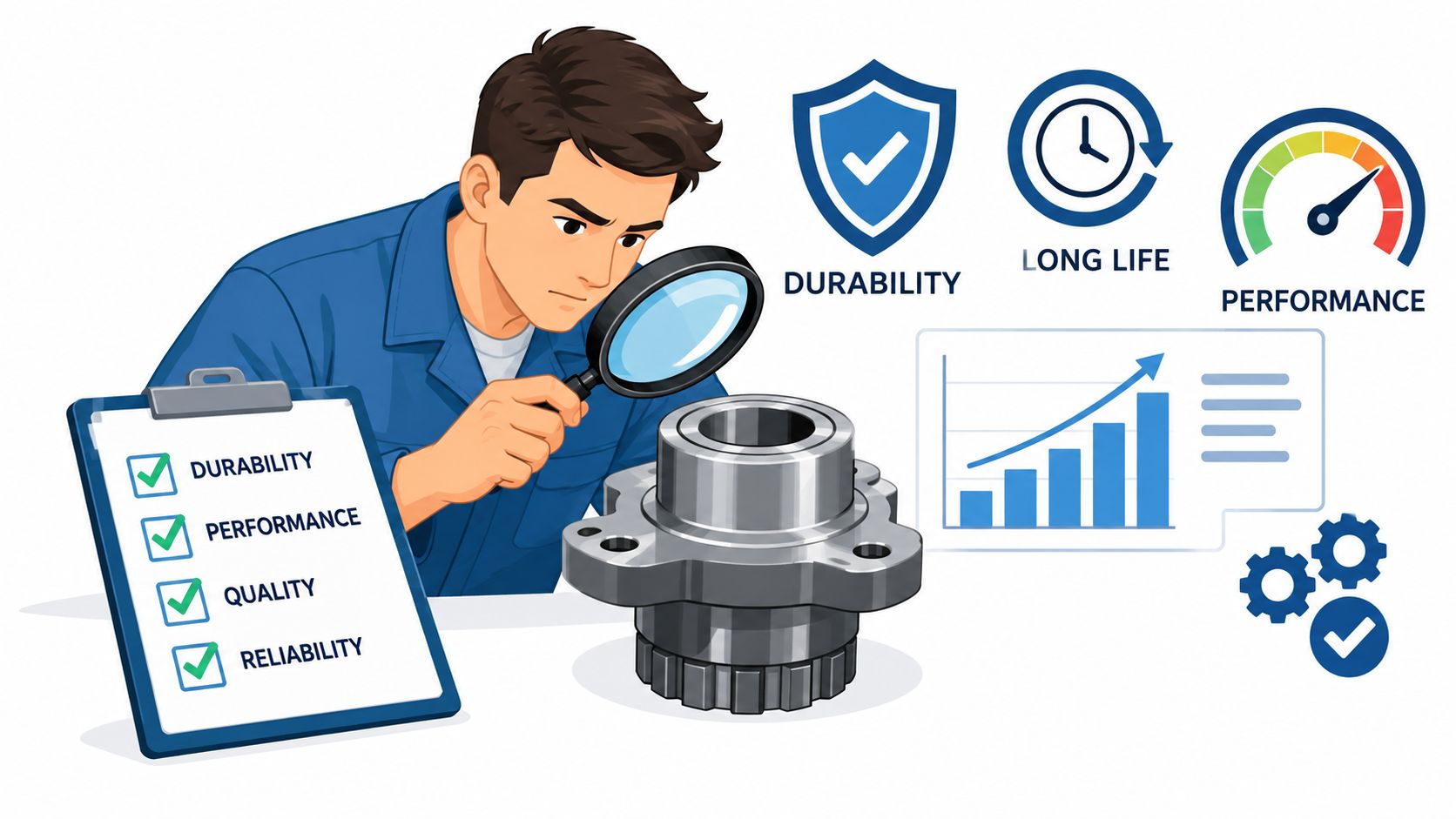 An inspector in a blue uniform examines a mechanical part with a magnifying glass while verifying quality checklist.